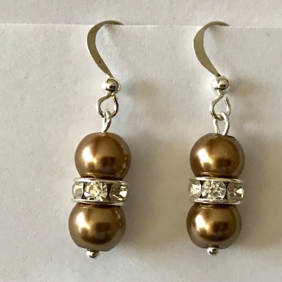 Brown Pearl Earrings Baroque Style Crystal Glass Beads Dangle Silver Plated - Picture 2 of 8